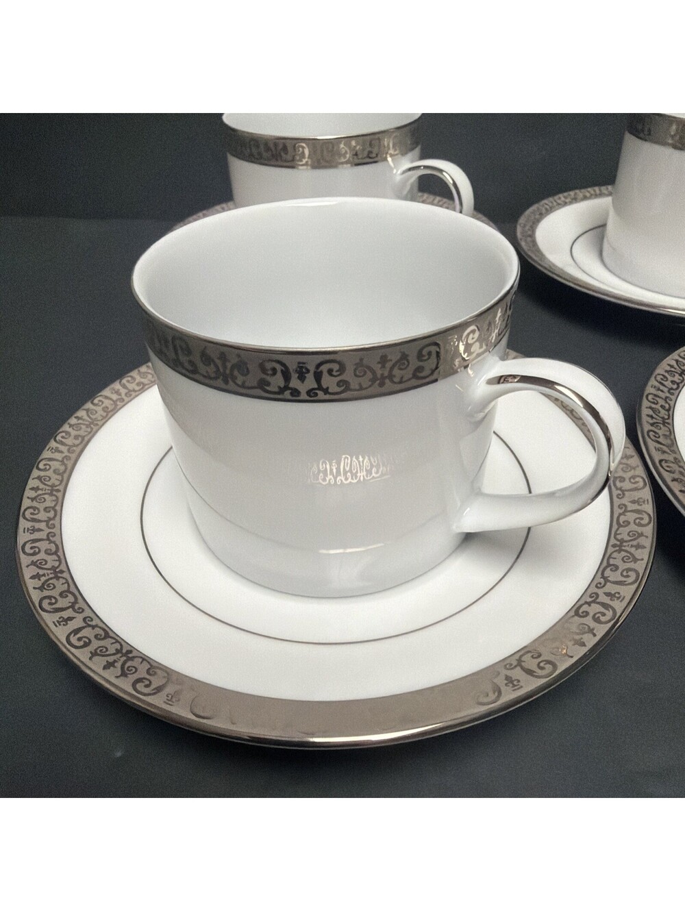 Retired Royal Gallery Platinum Buffet Cup Saucer Set Silver Gray Rim Holiday Set